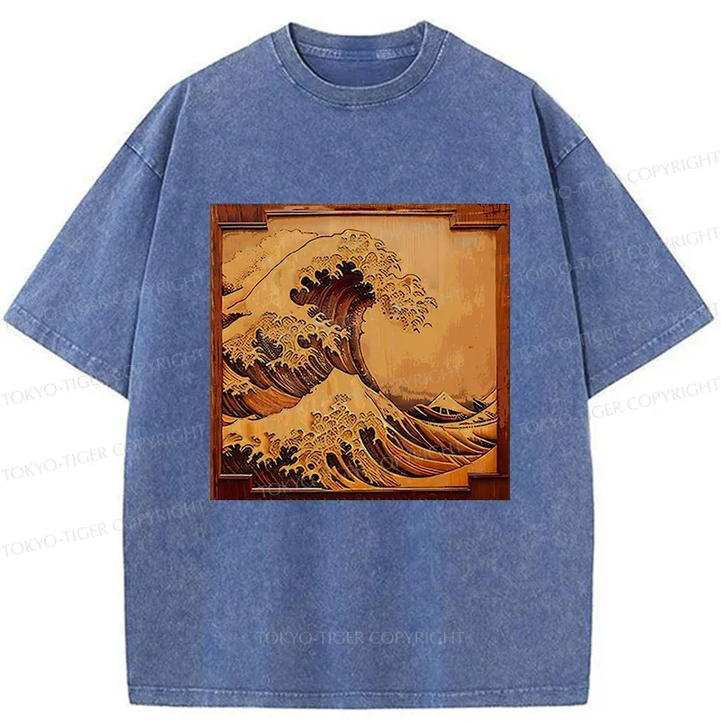 Tokyo-Tiger Panel Painting Ukiyoe Wave Washed T-Shirt