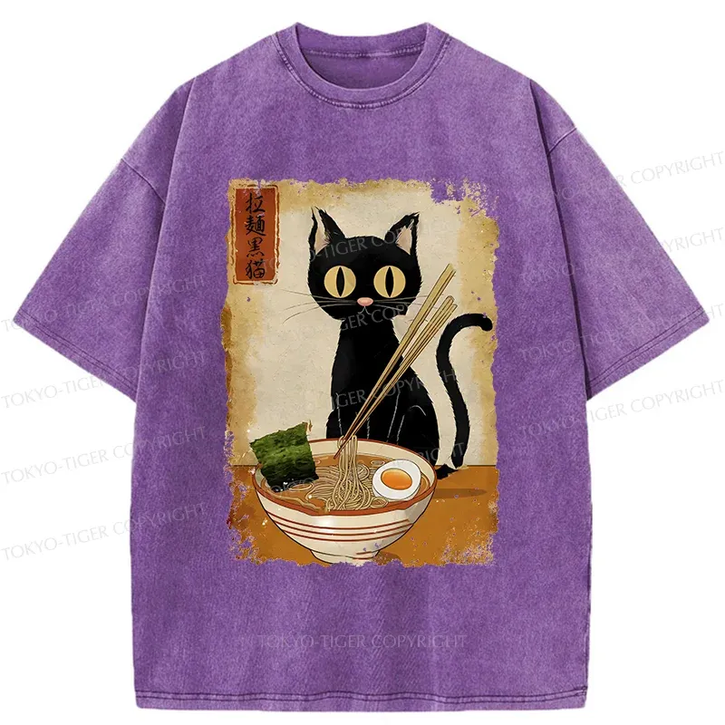 Tokyo-Tiger Cat Eating Ramen Retro Washed T-Shirt