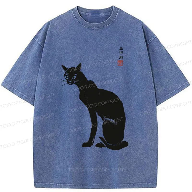 Tokyo-Tiger Slender Black Cat Washed T-Shirt