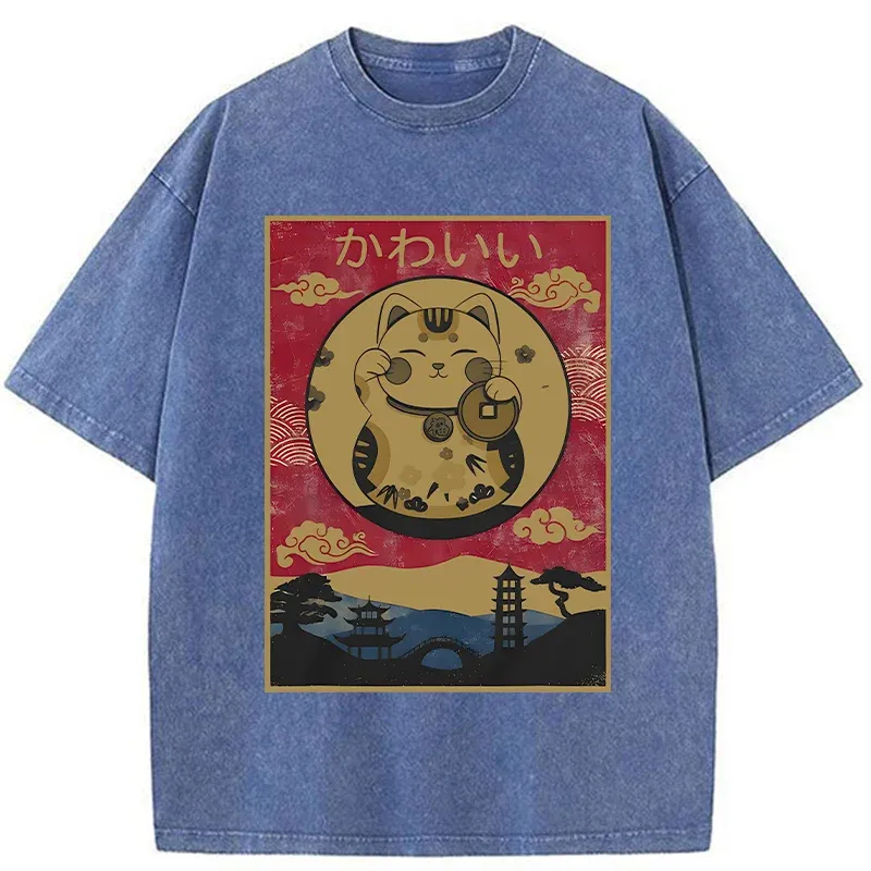 Tokyo-Tiger Retro Lucky Cat Washed T-Shirt