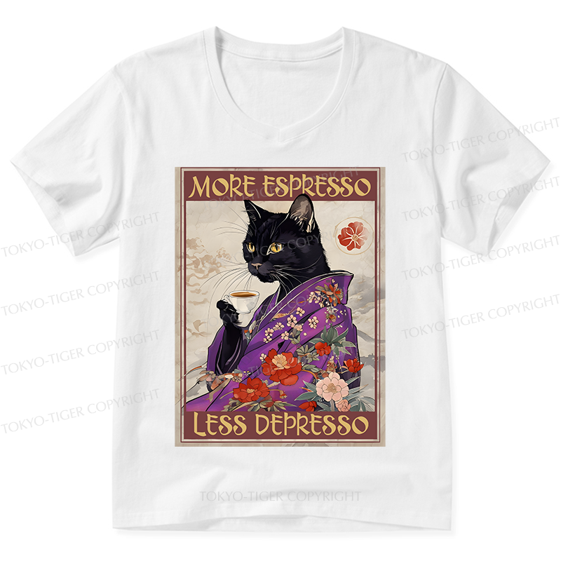 Tokyo-Tiger Japanese Cat Drinking Coffee V-Neck Classic T-Shirt
