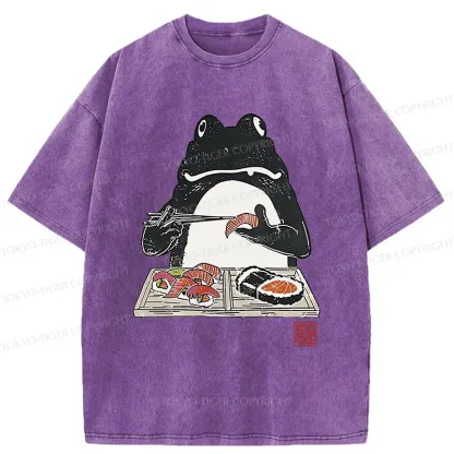 Tokyo-Tiger Frog Eating Sushi Washed T-Shirt