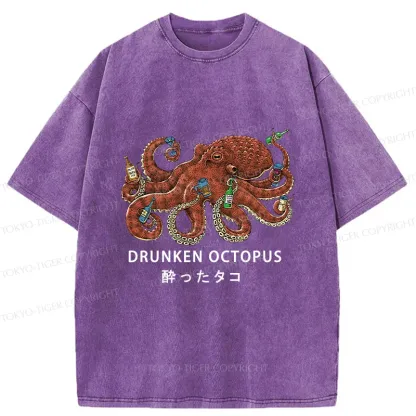 Tokyo-Tiger Drinking Octopus Washed T-Shirt
