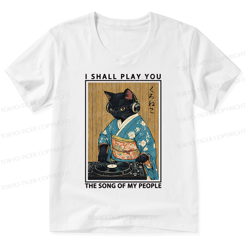 Tokyo-Tiger Funny Playing Music Black Cat V-Neck Classic T-Shirt