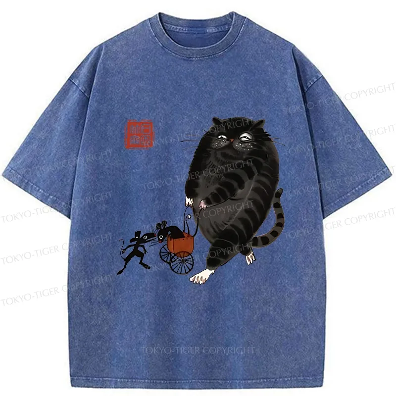 Tokyo-Tiger Funny Cat Pushing Mouse In Cart Washed T-Shirt