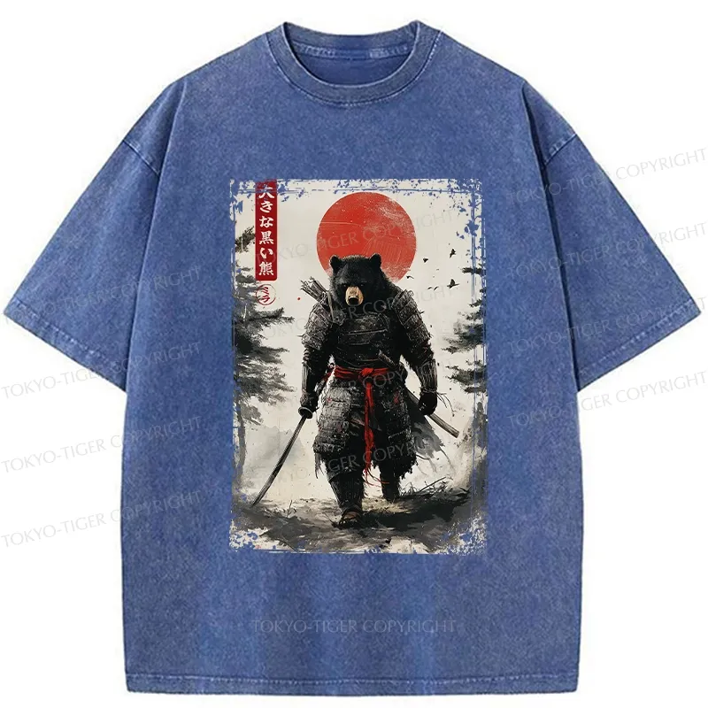 Tokyo-Tiger Retro Black Bear Samurai Washed T-Shirt