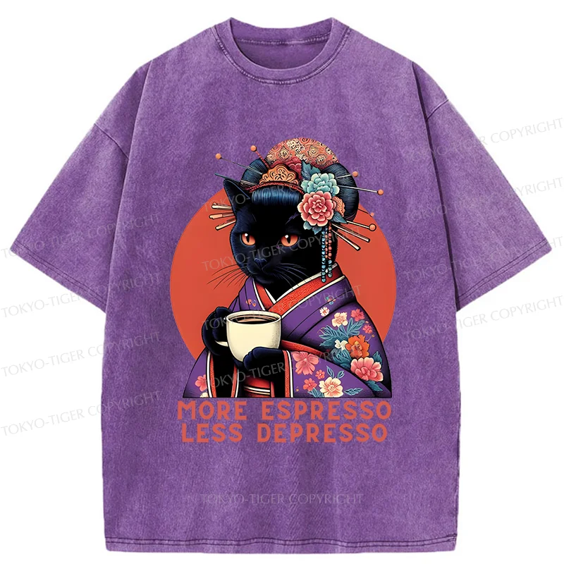 Tokyo-Tiger Black Cat Geisha Drinking Coffee Washed T-Shirt