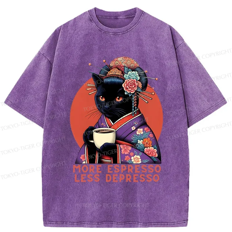 Tokyo-Tiger Black Cat Geisha Drinking Coffee Washed T-Shirt