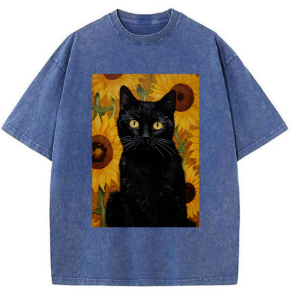 Tokyo-Tiger Black Cat Among Sunflowers Washed T-Shirt