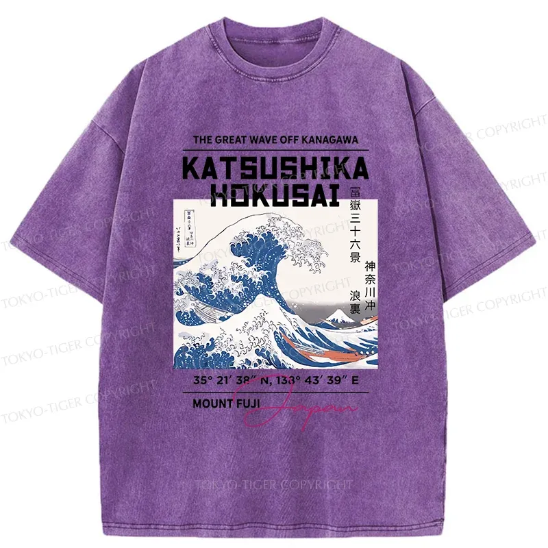 Tokyo-Tiger Ukiyo-e Waves Poster Washed T-Shirt