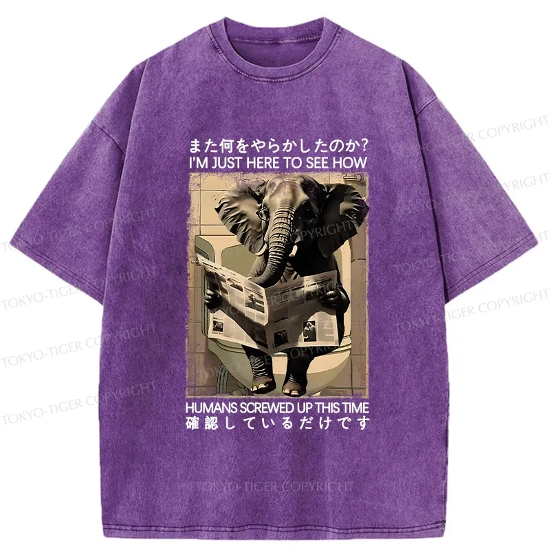 Tokyo-Tiger Funny Elephant Reading Newspaper Washed T-Shirt