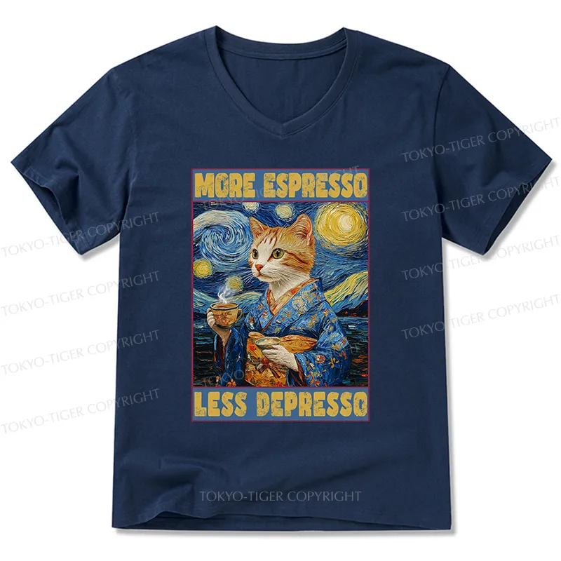 Tokyo-Tiger Funny More Espresso Less Depresso V-Neck Classic T-Shirt