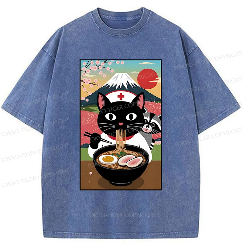 Tokyo-Tiger Nurse Cat Eating Ramen Washed T-Shirt