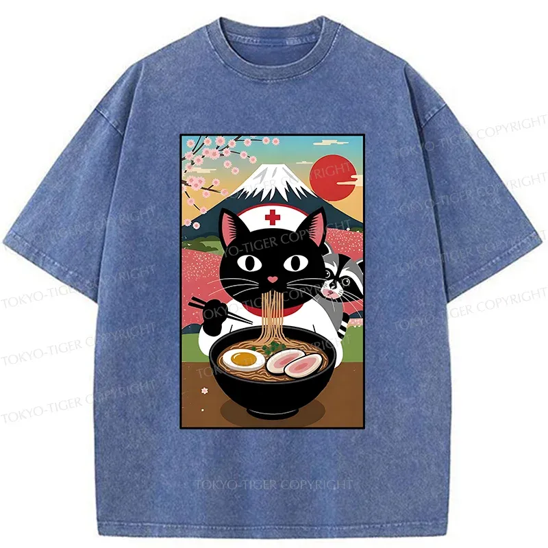 Tokyo-Tiger Nurse Cat Eating Ramen Washed T-Shirt