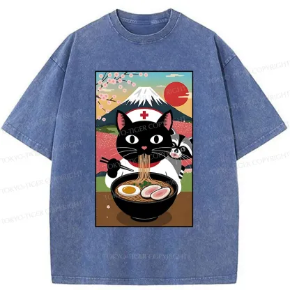 Tokyo-Tiger Nurse Cat Eating Ramen Washed T-Shirt