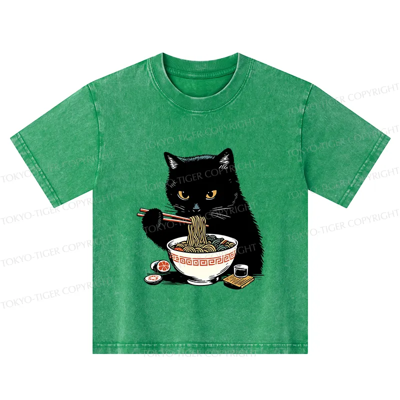 Tokyo-Tiger Cat Eating Favorite Ramen Kids Washed T-Shirt