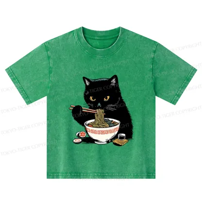 Tokyo-Tiger Cat Eating Favorite Ramen Kids Washed T-Shirt