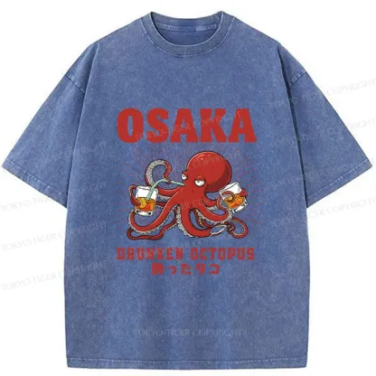 Tokyo-Tiger Octopus Drinking Beer Washed T-Shirt