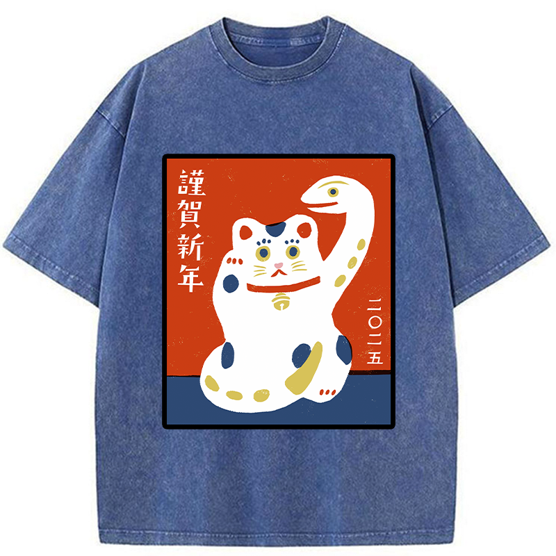 Tokyo-Tiger Happy New Year With Lucky Cat Washed T-Shirt