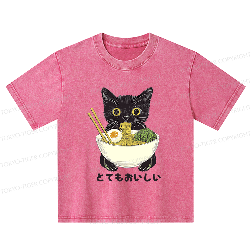 Tokyo-Tiger Ramen Lover Cute Cat Kids Washed T-Shirt