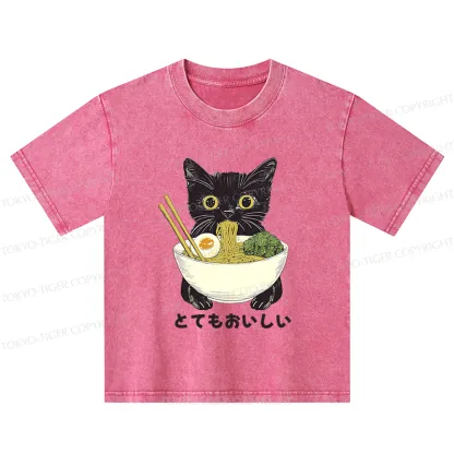 Tokyo-Tiger Ramen Lover Cute Cat Kids Washed T-Shirt