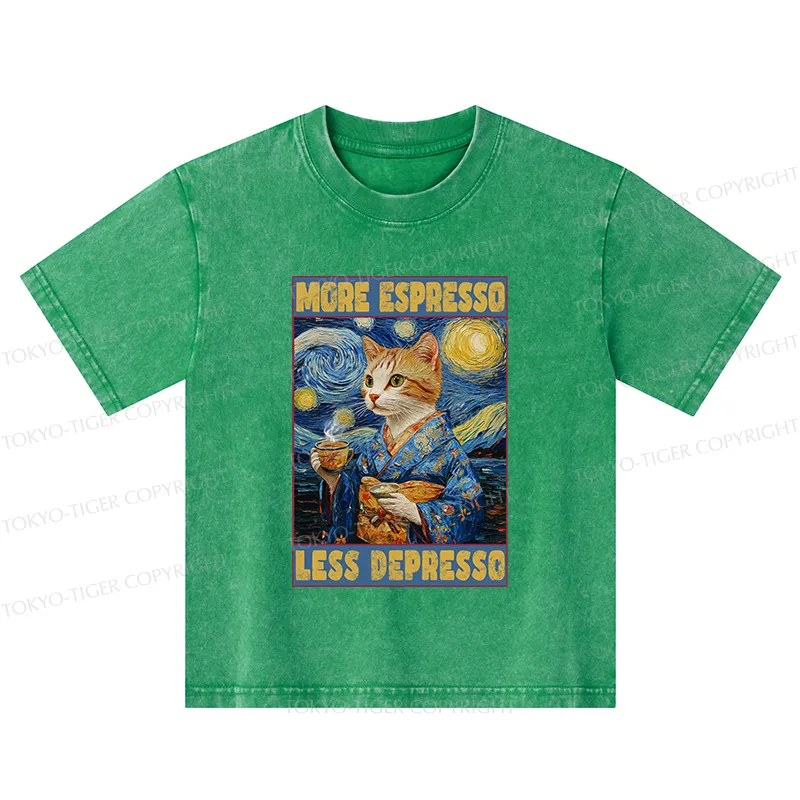 Tokyo-Tiger Funny More Espresso Less Depresso Kids Washed T-Shirt