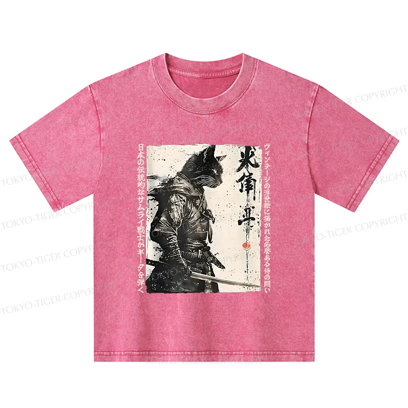 Tokyo-Tiger Cat Samurai Retro Kids Washed T-Shirt
