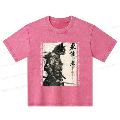 Tokyo-Tiger Cat Samurai Retro Kids Washed T-Shirt