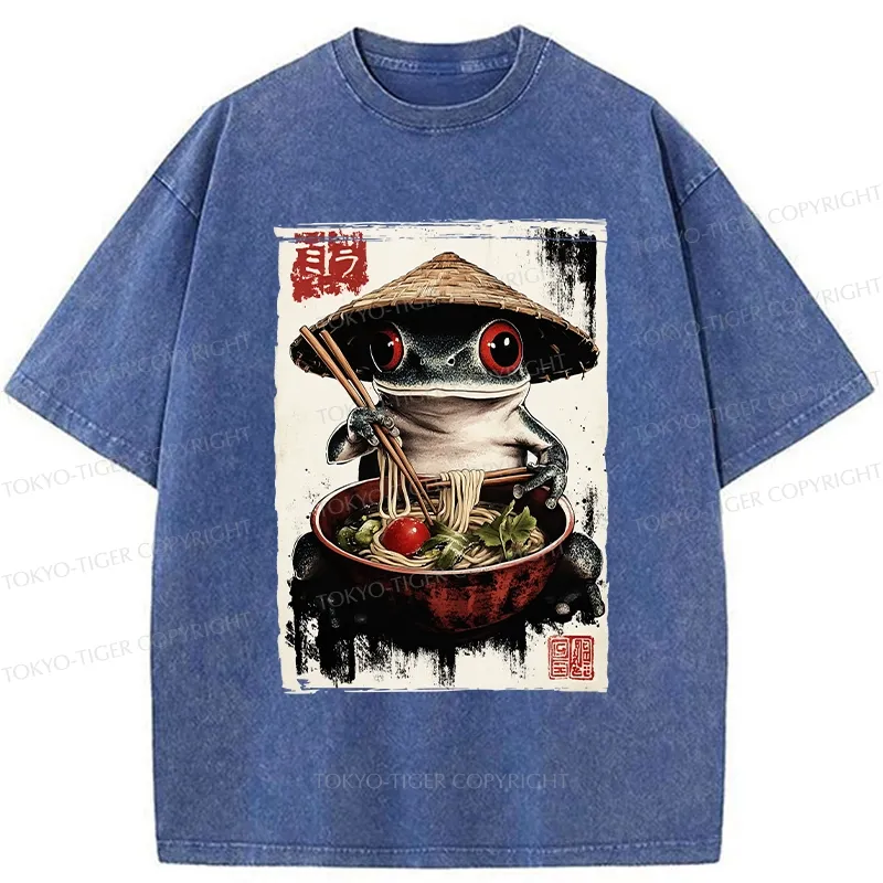 Tokyo-Tiger Retro Frog Eating Ramen Noodles Washed T-Shirt