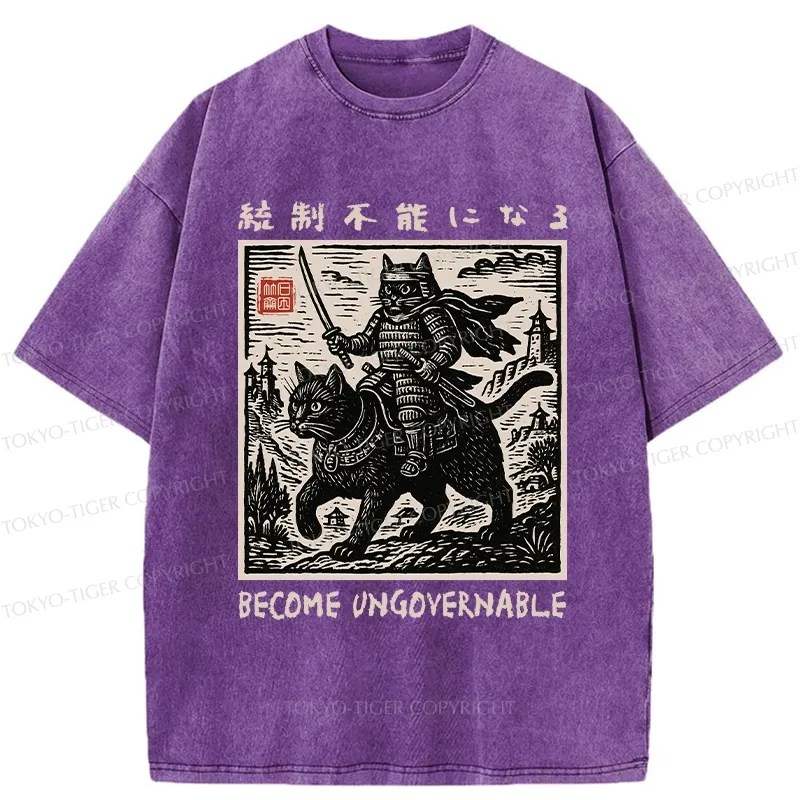 Tokyo-Tiger Funny Cat Samurai Riding A Cat Washed T-Shirt