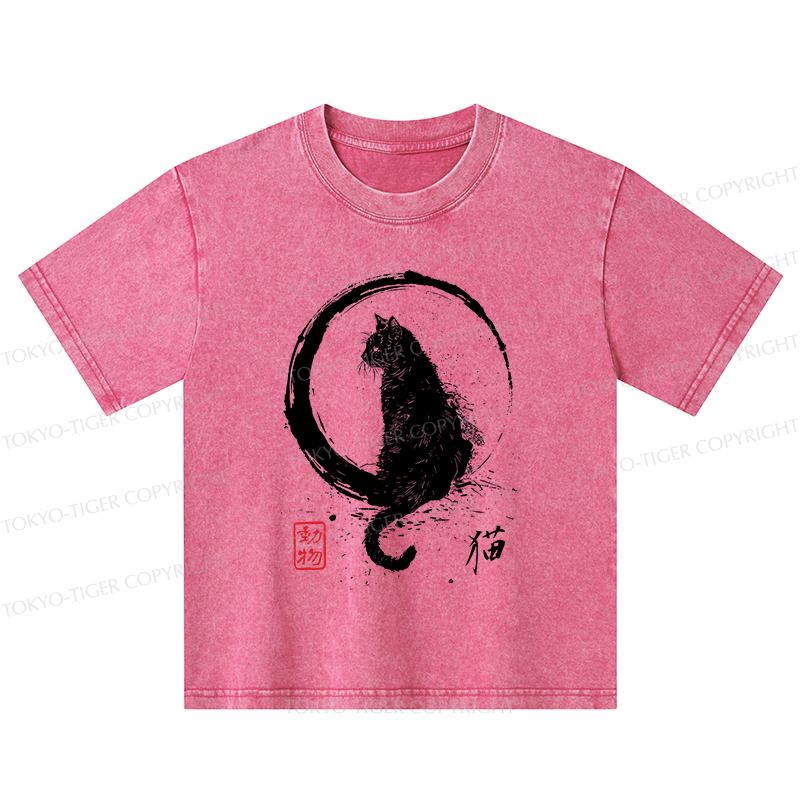 Tokyo-Tiger Retro Japanese Black Cat Kids Washed T-Shirt