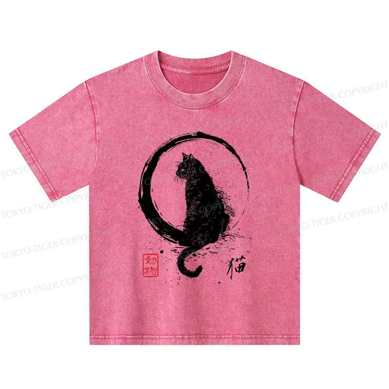 Tokyo-Tiger Retro Japanese Black Cat Kids Washed T-Shirt