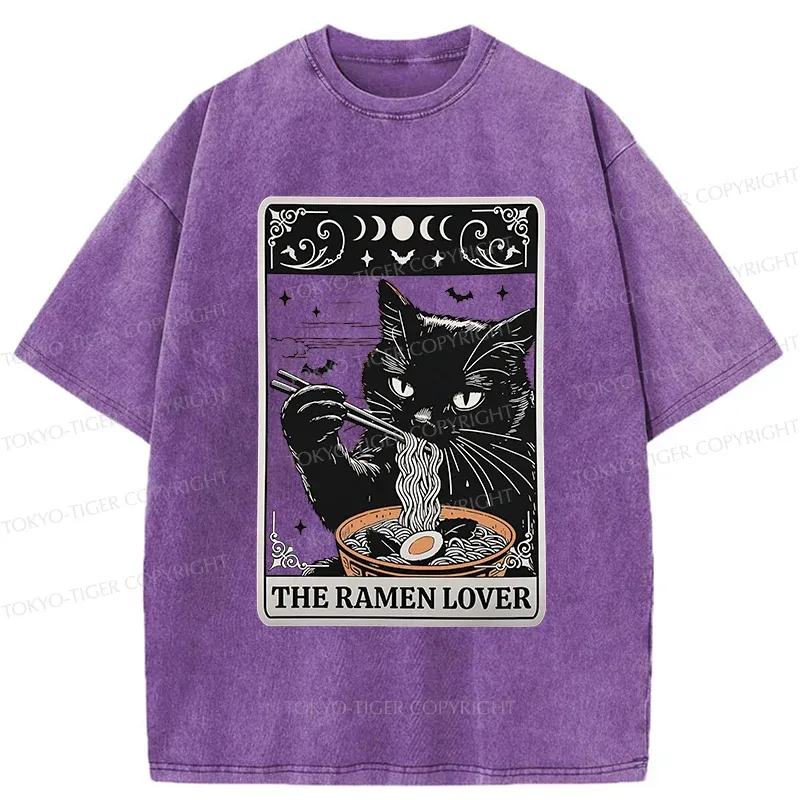 Tokyo-Tiger Cat Loves Ramen Washed T-Shirt
