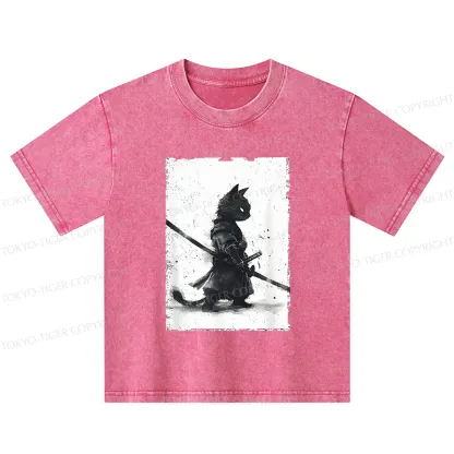 Tokyo-Tiger Retro Cat Samurai Japanese Kids Washed T-Shirt