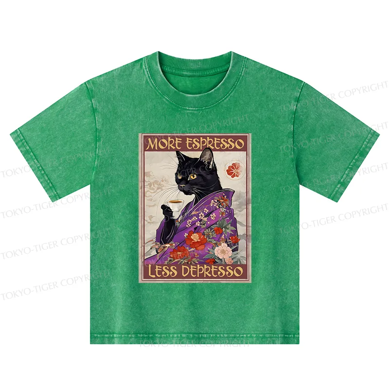 Tokyo-Tiger Japanese Cat Drinking Coffee Kids Washed T-Shirt
