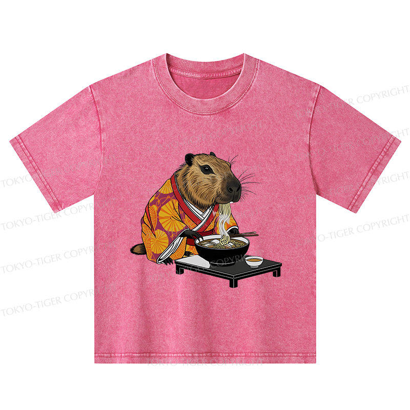 Tokyo-Tiger Cute Capybara Eating Ramen Kids Washed T-Shirt