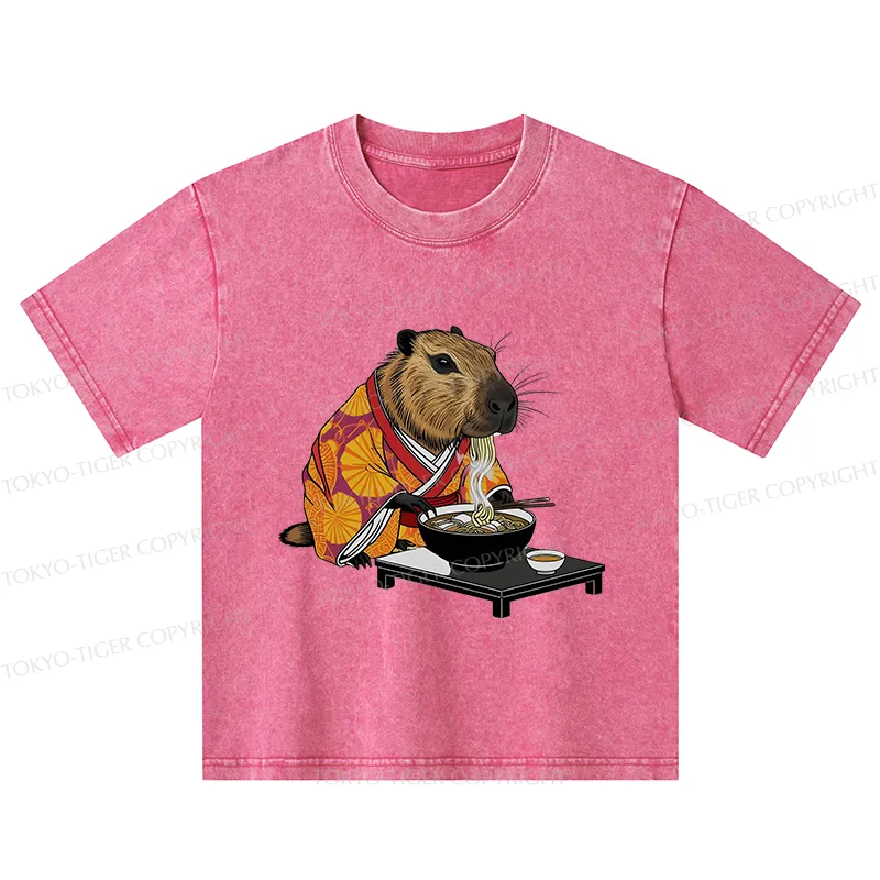 Tokyo-Tiger Cute Capybara Eating Ramen Kids Washed T-Shirt
