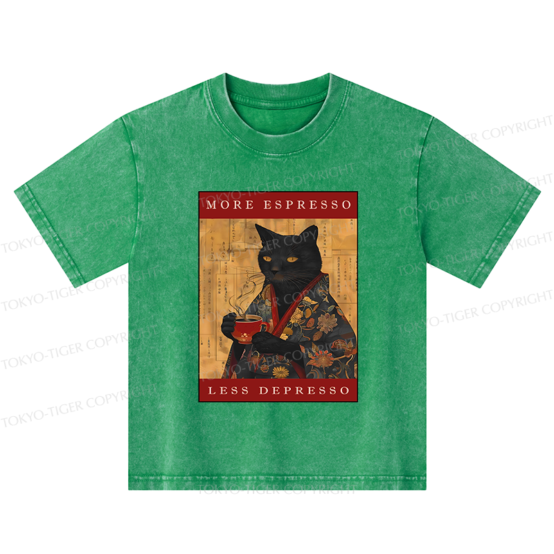 Tokyo-Tiger More Espresso Less Depresso Cat Kids Washed T-Shirt