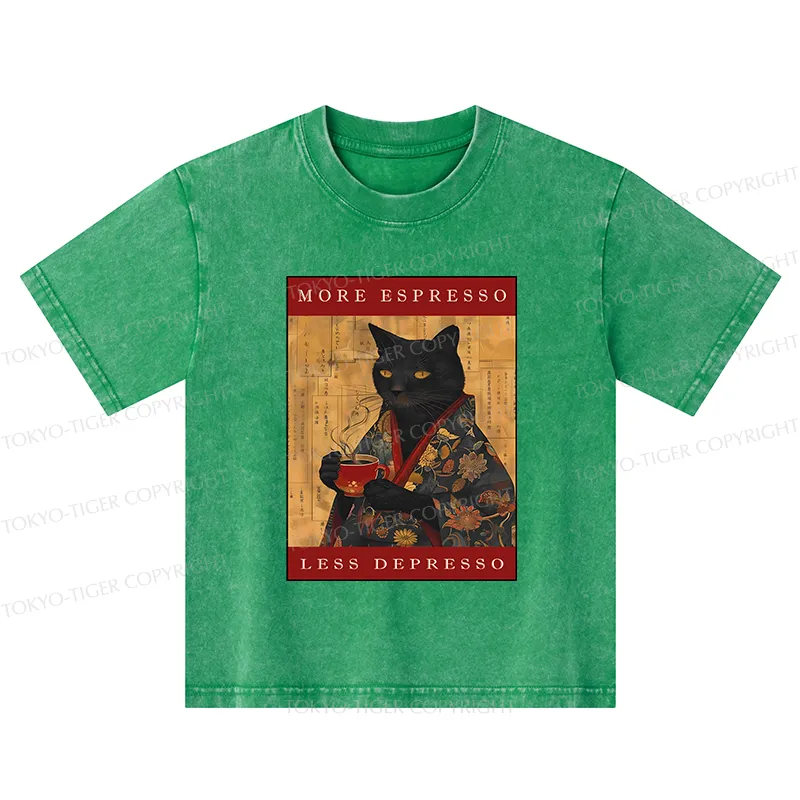 Tokyo-Tiger More Espresso Less Depresso Cat Kids Washed T-Shirt