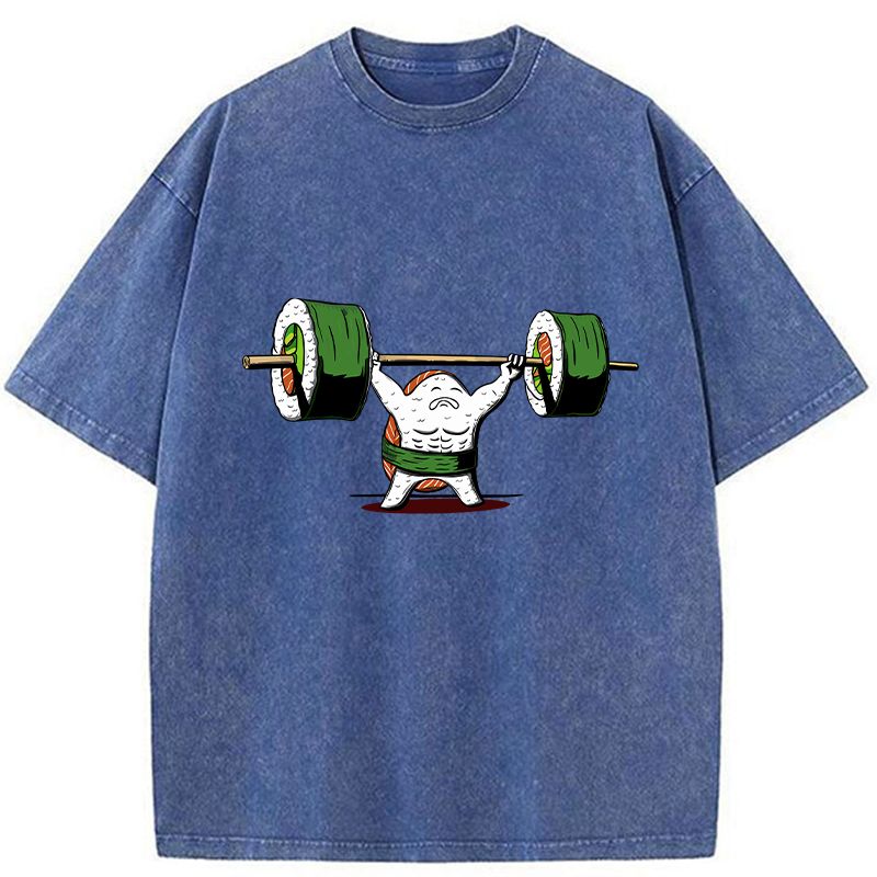 Tokyo-Tiger Funny Sushi Weightlifting Washed T-Shirt