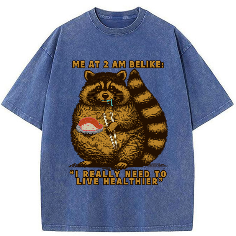 Tokyo-Tiger Fat Raccoon Eating Sushi Washed T-Shirt