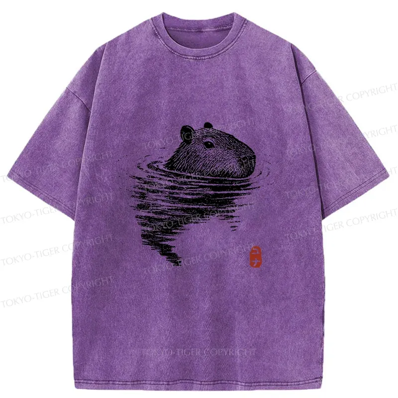 Tokyo-Tiger Swimming Capybara Washed T-Shirt