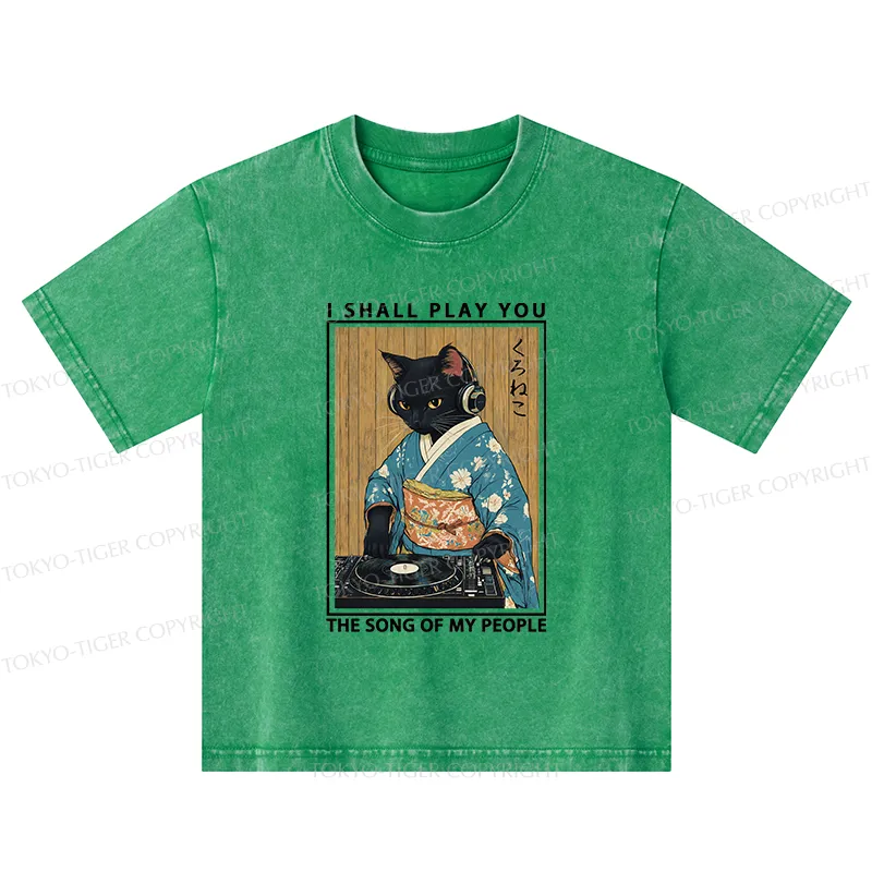 Tokyo-Tiger Funny Playing Music Black Cat Kids Washed T-Shirt