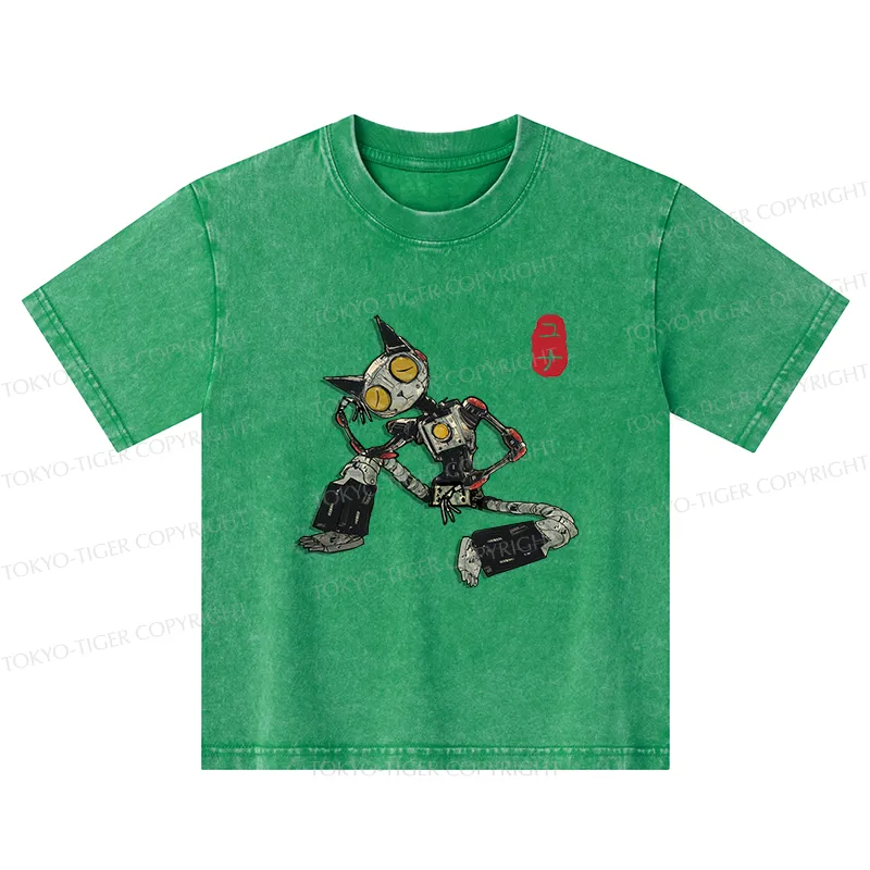 Tokyo-Tiger Contemplative Robot Cat Kids Washed T-Shirt
