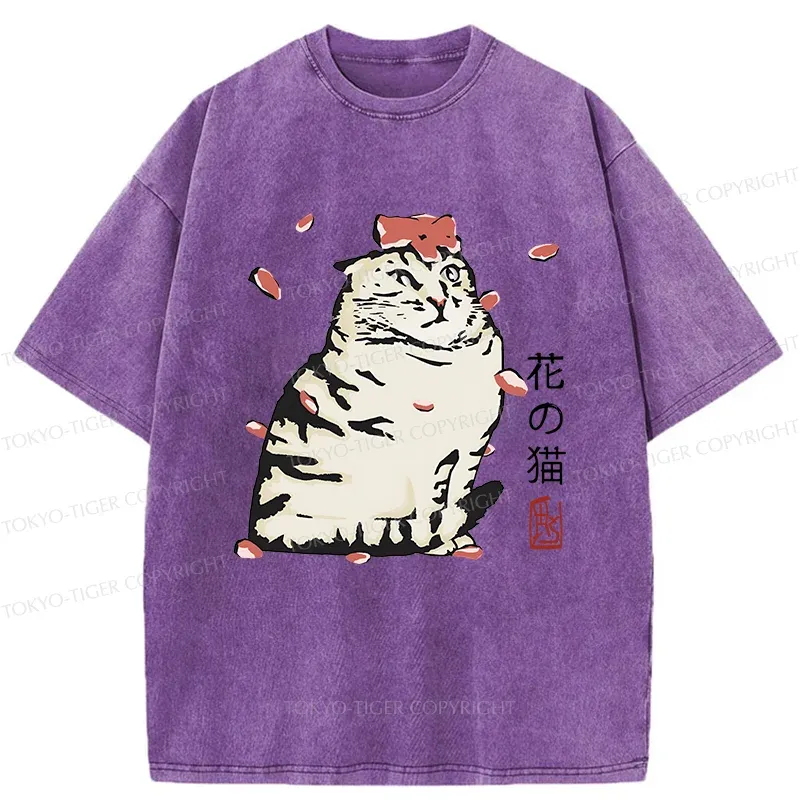 Tokyo-Tiger Cat And Sakura Washed T-Shirt
