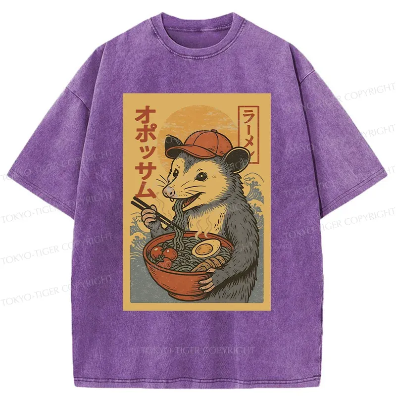 Tokyo-Tiger Opossum Eat Ramen Washed T-Shirt