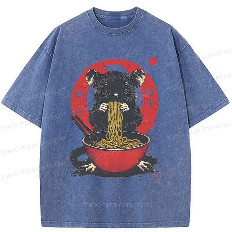 Tokyo-Tiger Mouse Eating Ramen Washed T-Shirt