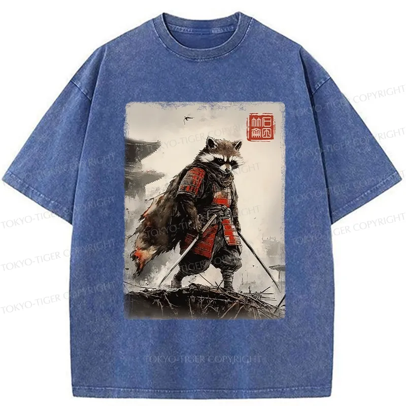 Tokyo-Tiger Retro Raccoon Samurai Washed T-Shirt