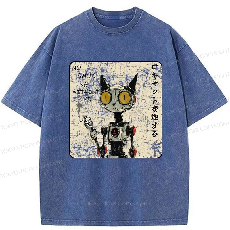 Tokyo-Tiger Smoking Robot Cat Washed T-Shirt
