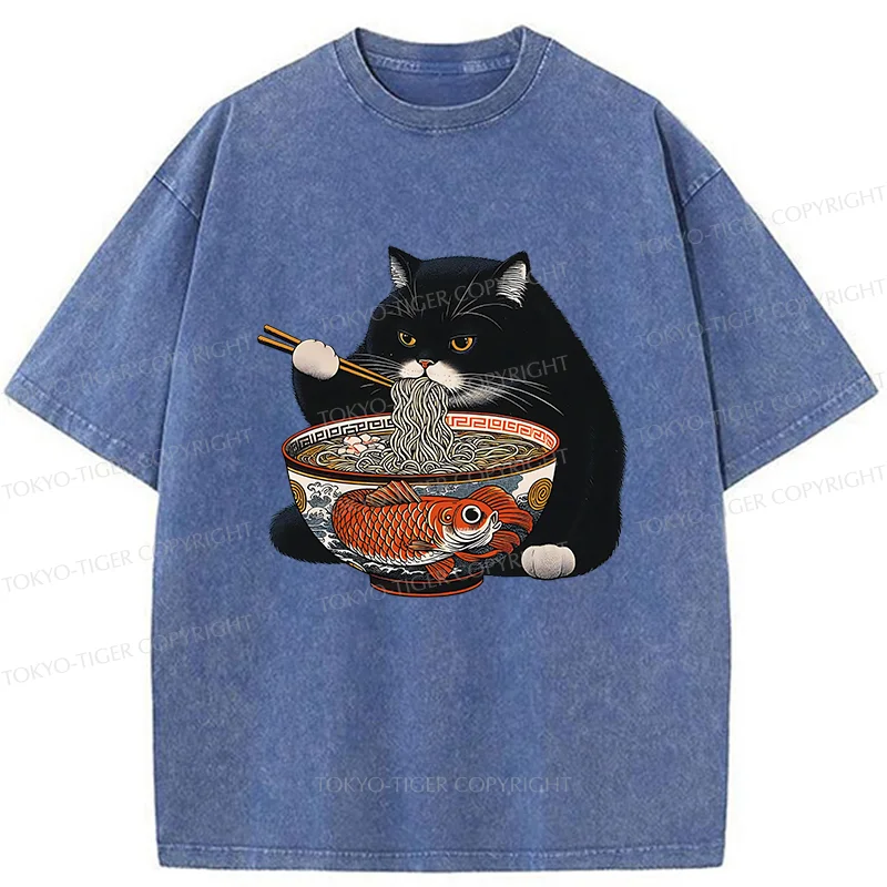 Tokyo-Tiger Fat Cat Eating Ramen Washed T-Shirt